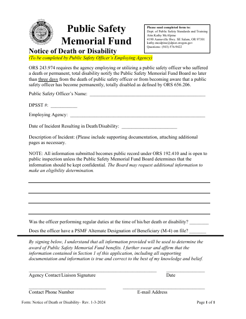 Notice of Death or Disability - Public Safety Memorial Fund - Oregon