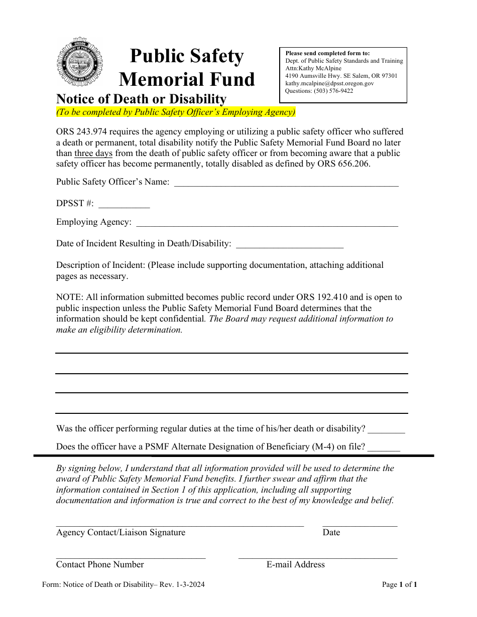 Notice of Death or Disability - Public Safety Memorial Fund - Oregon, Page 1