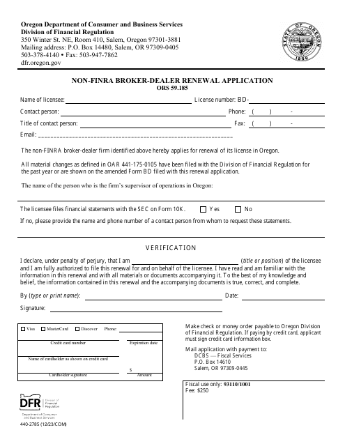 Form 440-2785 Non-FiNRA Broker-Dealer Renewal Application - Oregon