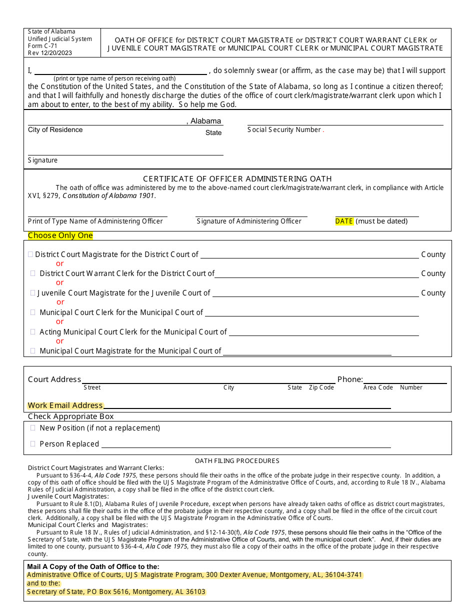 Form C-71 Oath of Office for District Court Magistrate or District Court Warrant Clerk or Juvenile Court Magistrate or Municipal Court Clerk or Municipal Court Magistrate - Alabama, Page 1