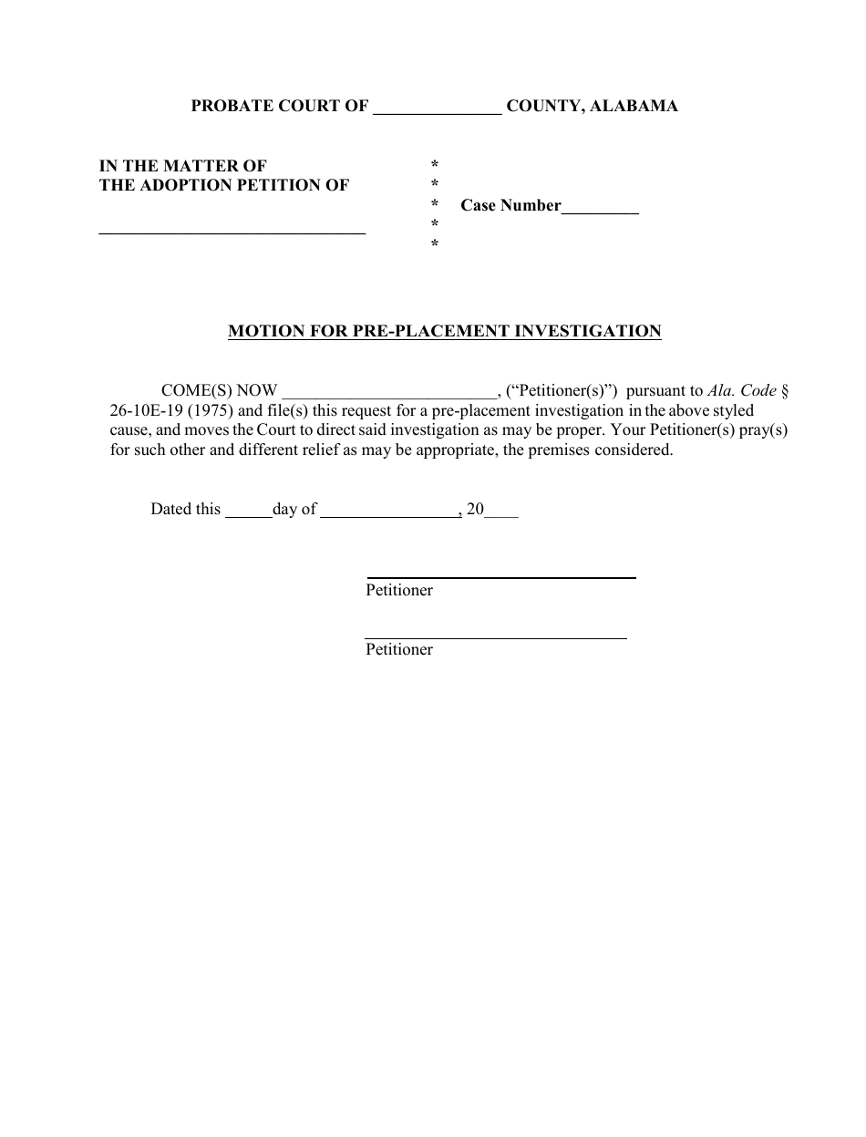 Motion for Pre-placement Investigation - Alabama, Page 1
