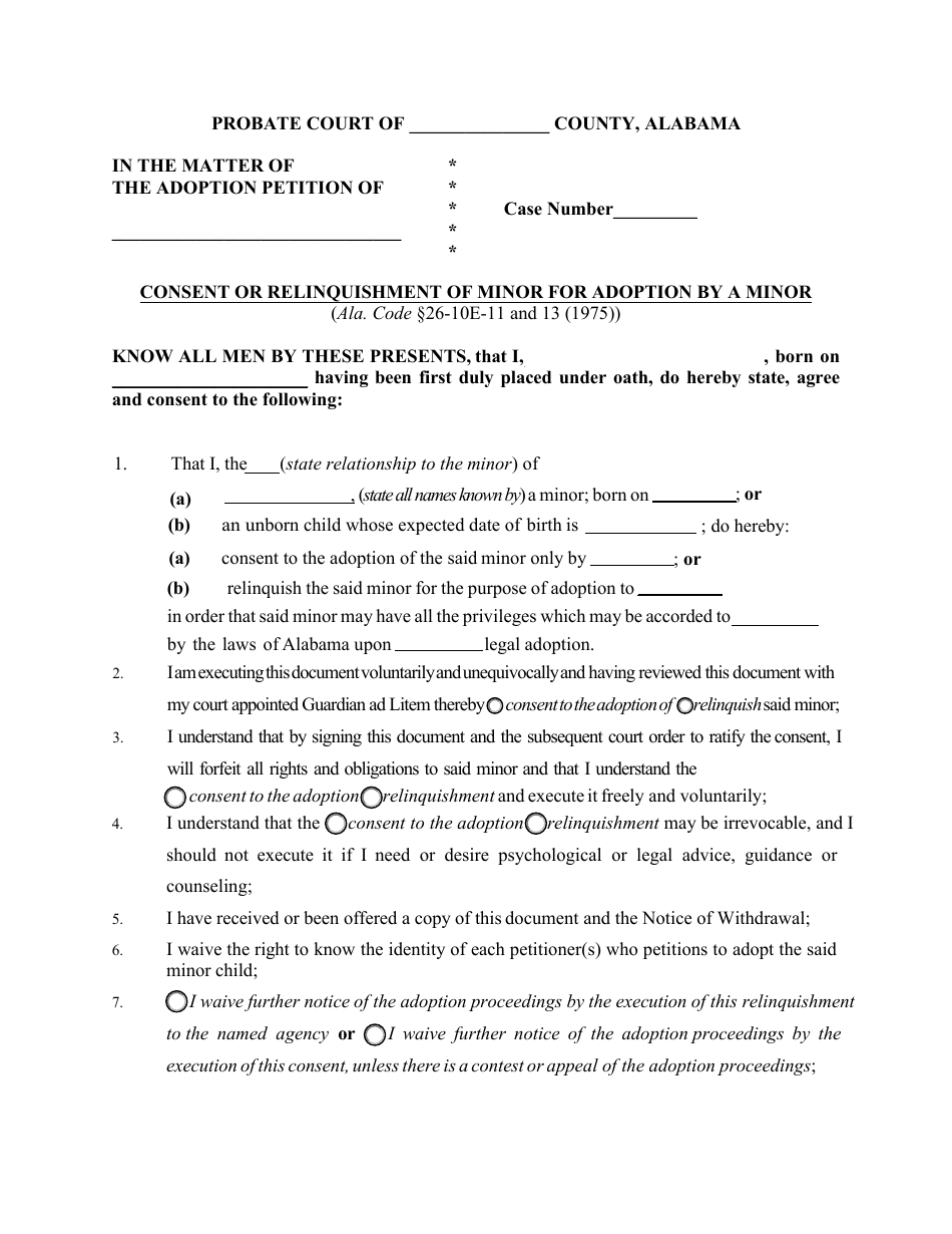 Consent or Relinquishment of Minor for Adoption by a Minor - Alabama, Page 1