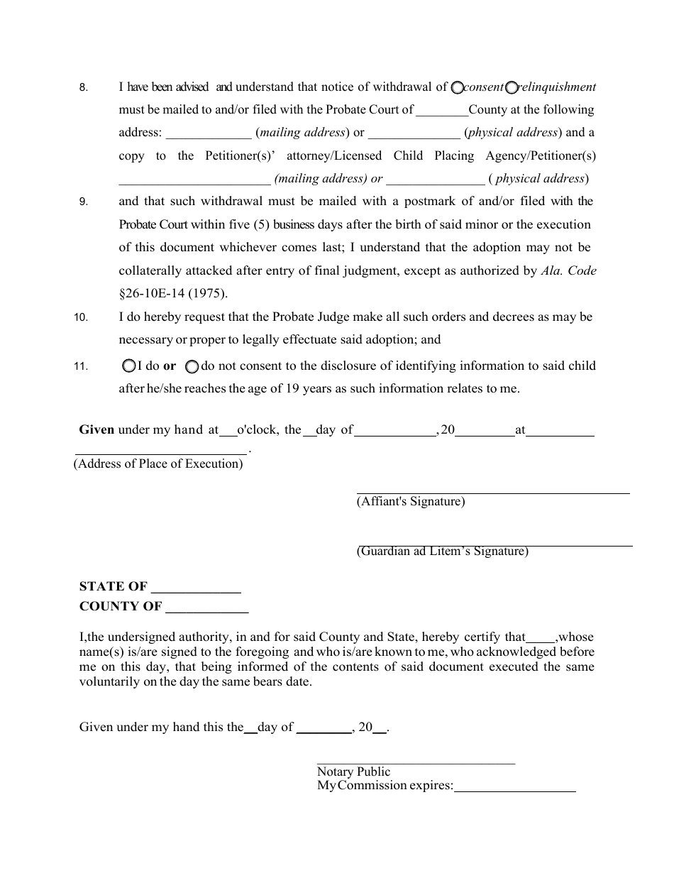 Consent or Relinquishment of Minor for Adoption by a Minor - Alabama, Page 2