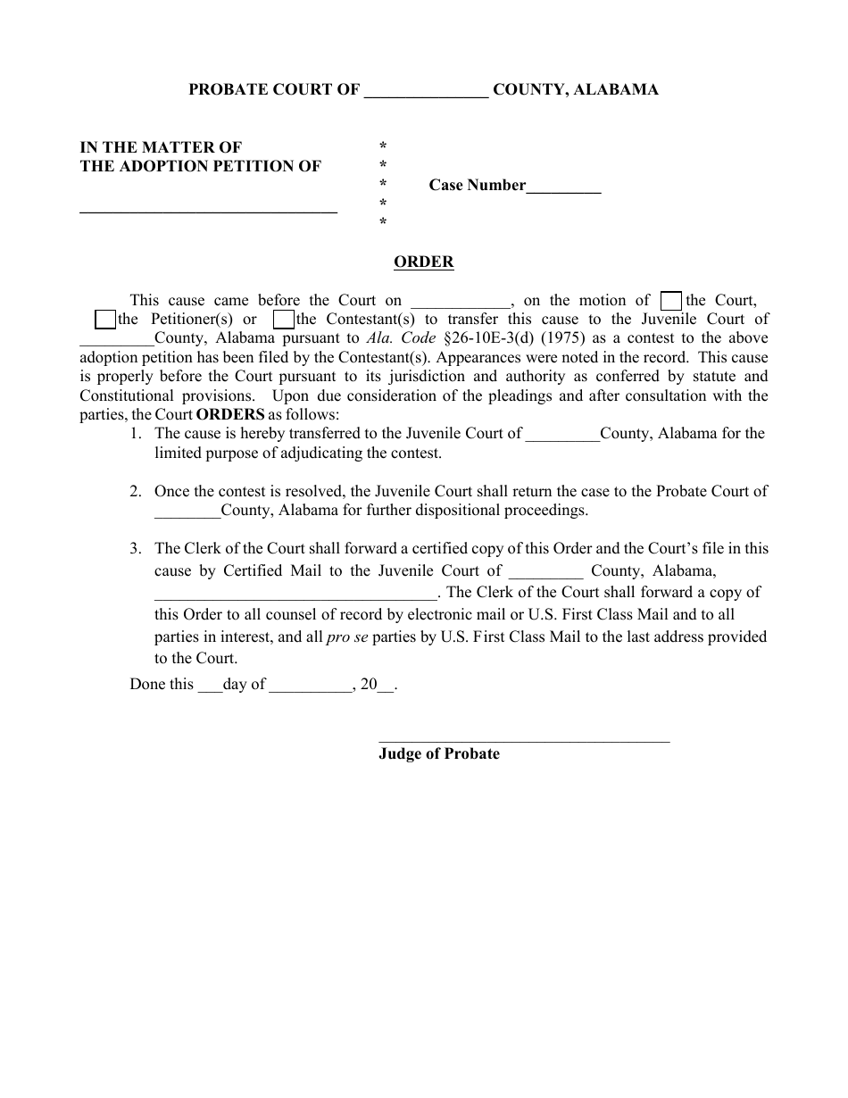 Order Transferring Case to Juvenile Court - Alabama, Page 1