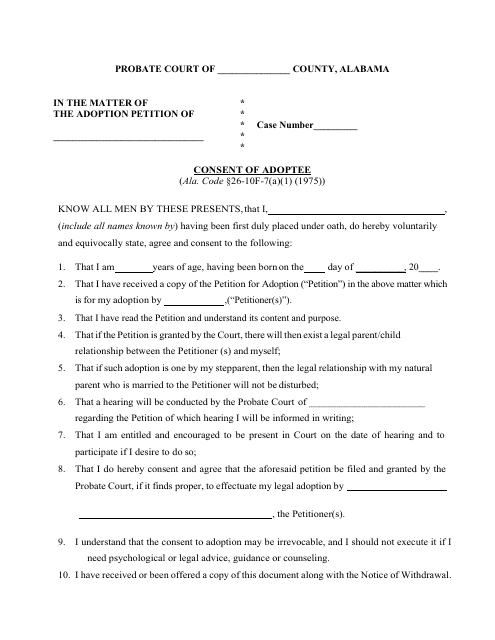 Consent of Adoptee - Alabama Download Pdf
