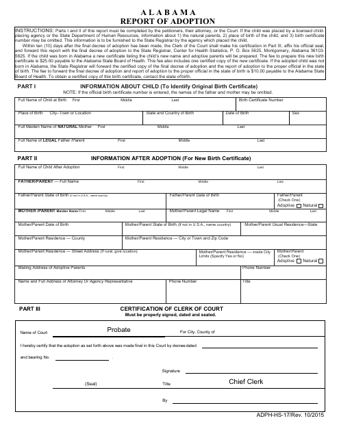 Form ADPH-HS-17 Report of Adoption - Alabama