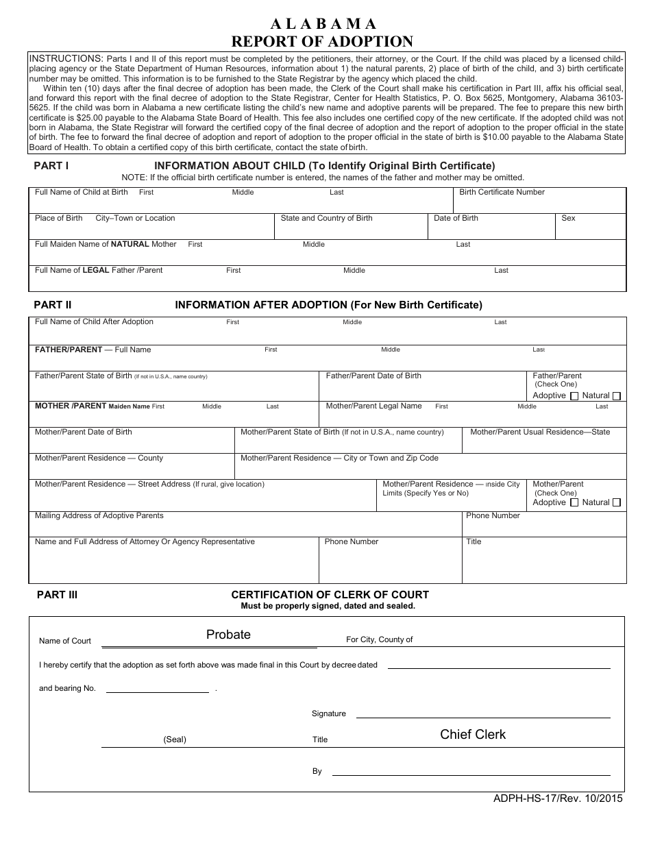 Form ADPH-HS-17 Report of Adoption - Alabama, Page 1