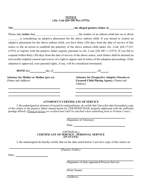 Pre-filing Notice to Putative Father of Consideration of Adoption - Alabama