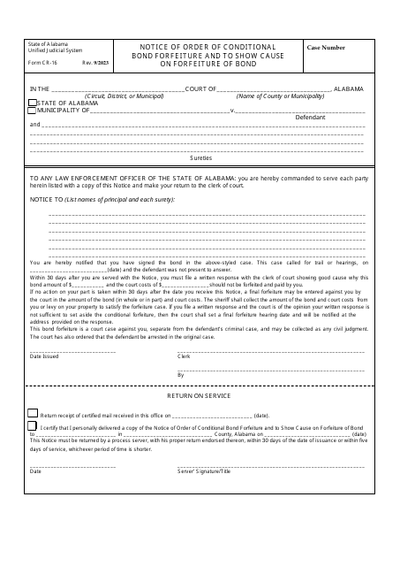 Form CR-16 Notice of Order of Conditional Bond Forfeiture and to Show Cause on Forfeiture of Bond - Alabama
