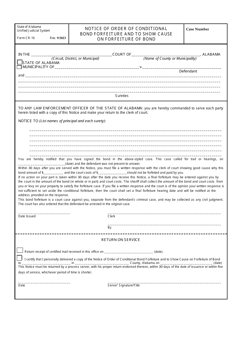 Form CR-16 Notice of Order of Conditional Bond Forfeiture and to Show Cause on Forfeiture of Bond - Alabama, Page 1