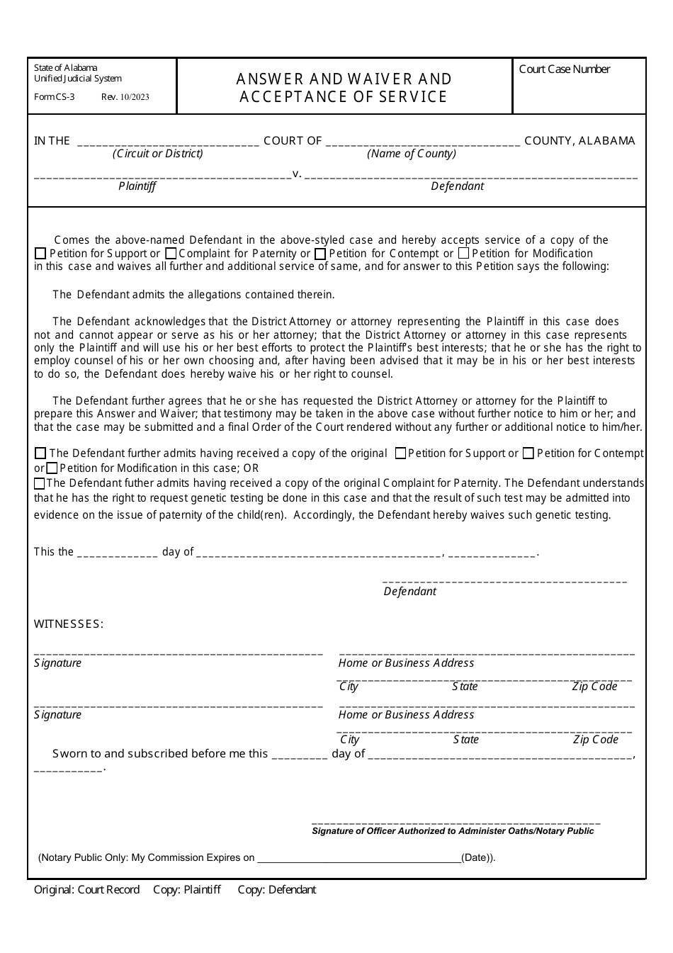 Form CS-3 Answer and Waiver and Acceptance of Service - Alabama, Page 1