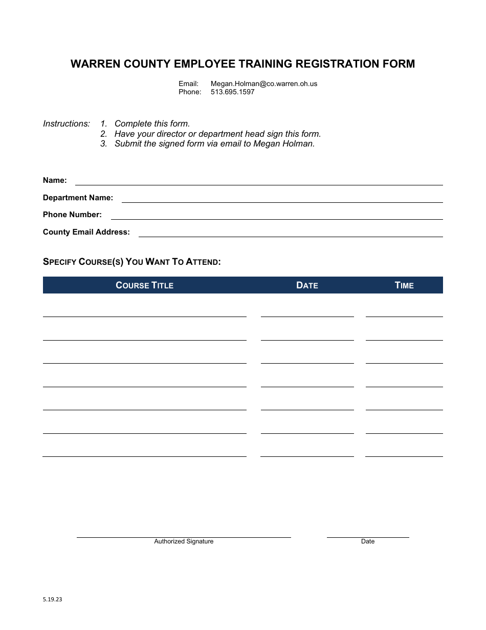 Warren County Employee Training Registration Form - Warren County, Ohio, Page 1