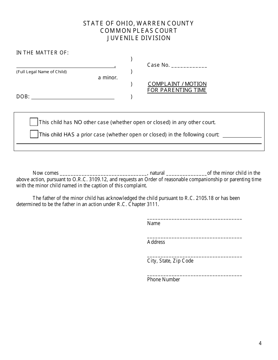 Complaint - Motion for Parenting Time - Warren County, Ohio, Page 4