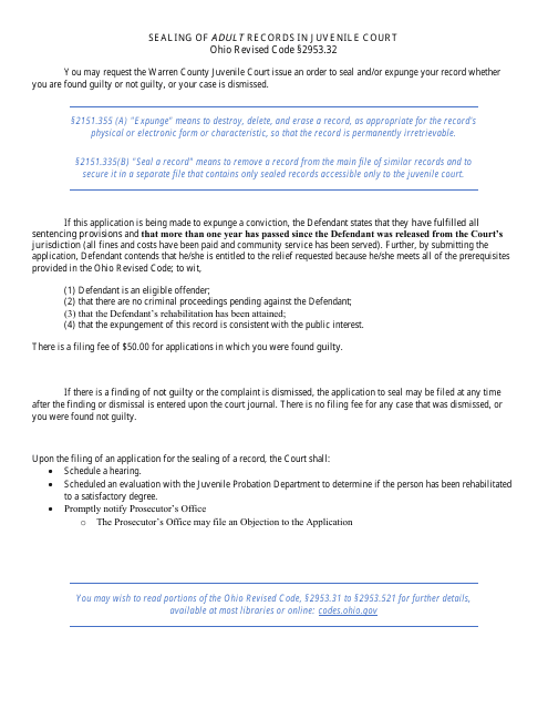 Application to Seal and / or Expunge an Adult Record - Warren County, Ohio Download Pdf