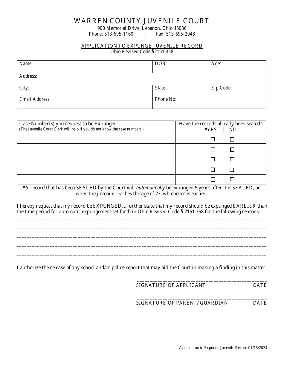 Warren County, Ohio Application to Expunge Juvenile Record - Fill Out ...