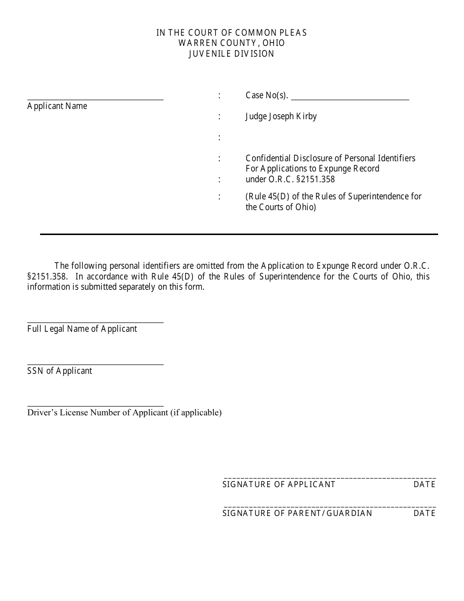 Warren County, Ohio Application to Expunge Juvenile Record - Fill Out ...