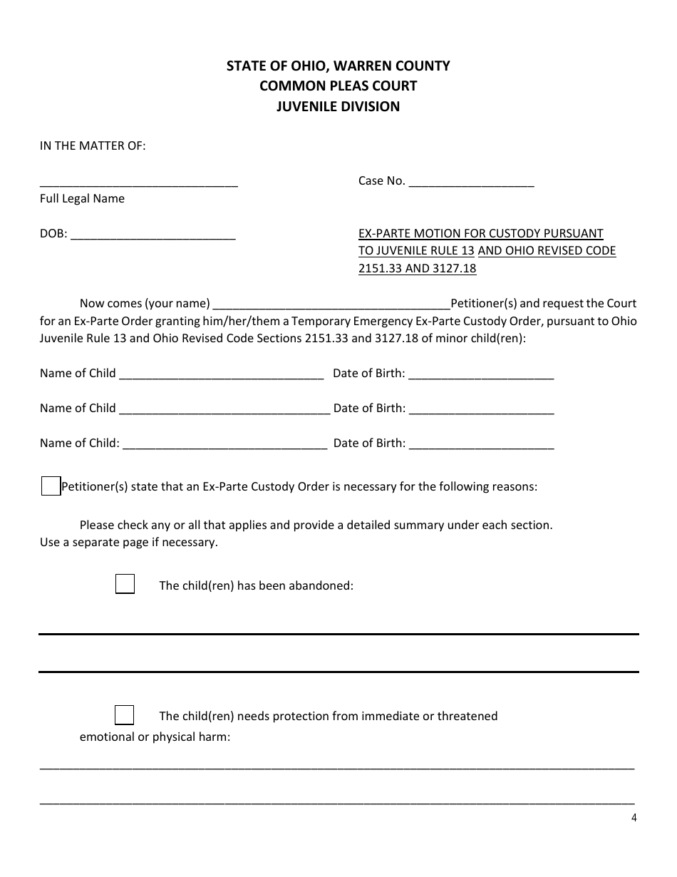 Motion for Ex-parte emergency Custody - Warren County, Ohio, Page 4