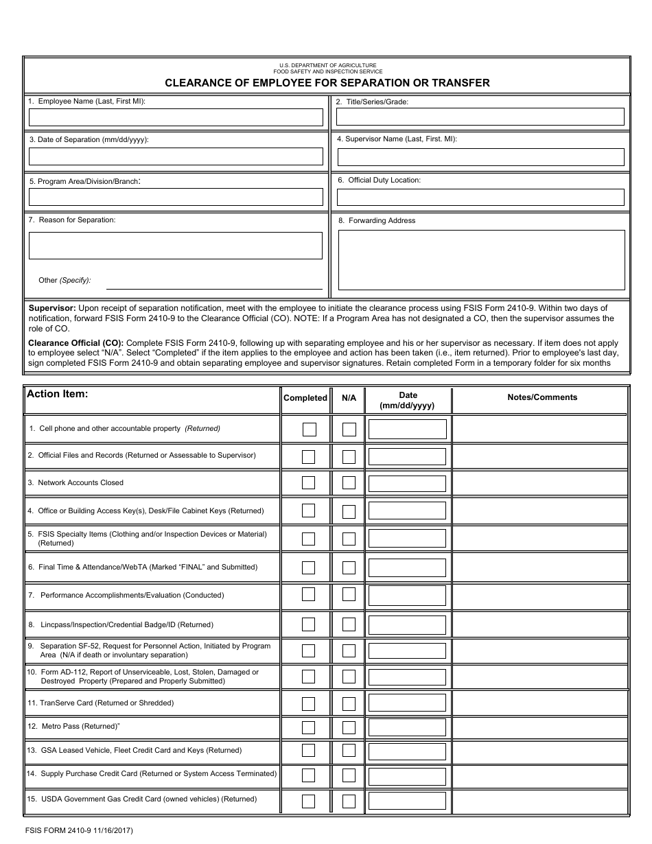 FSIS Form 2410-9 Clearance of Employee for Separation or Transfer, Page 1