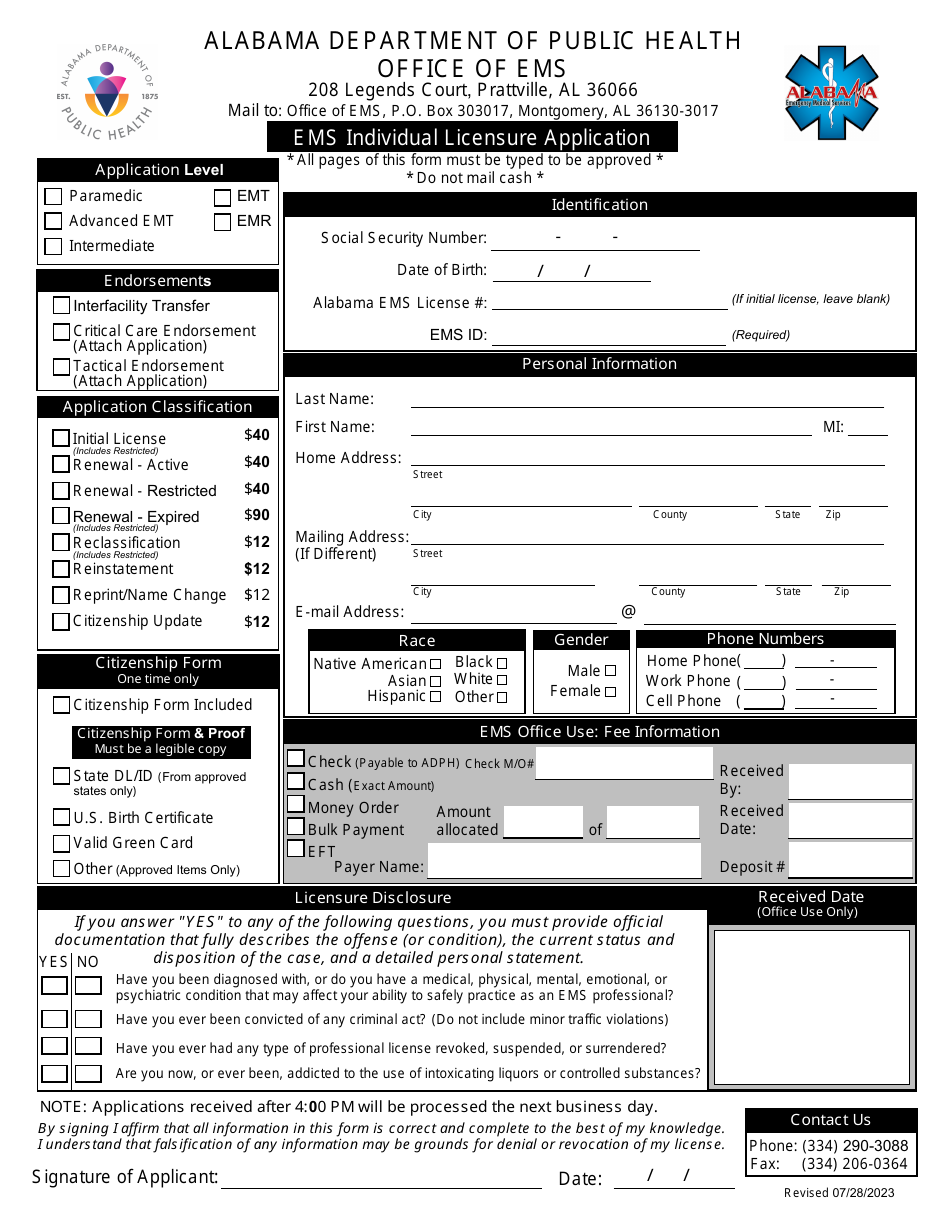 EMS Individual Licensure Application - Alabama, Page 1