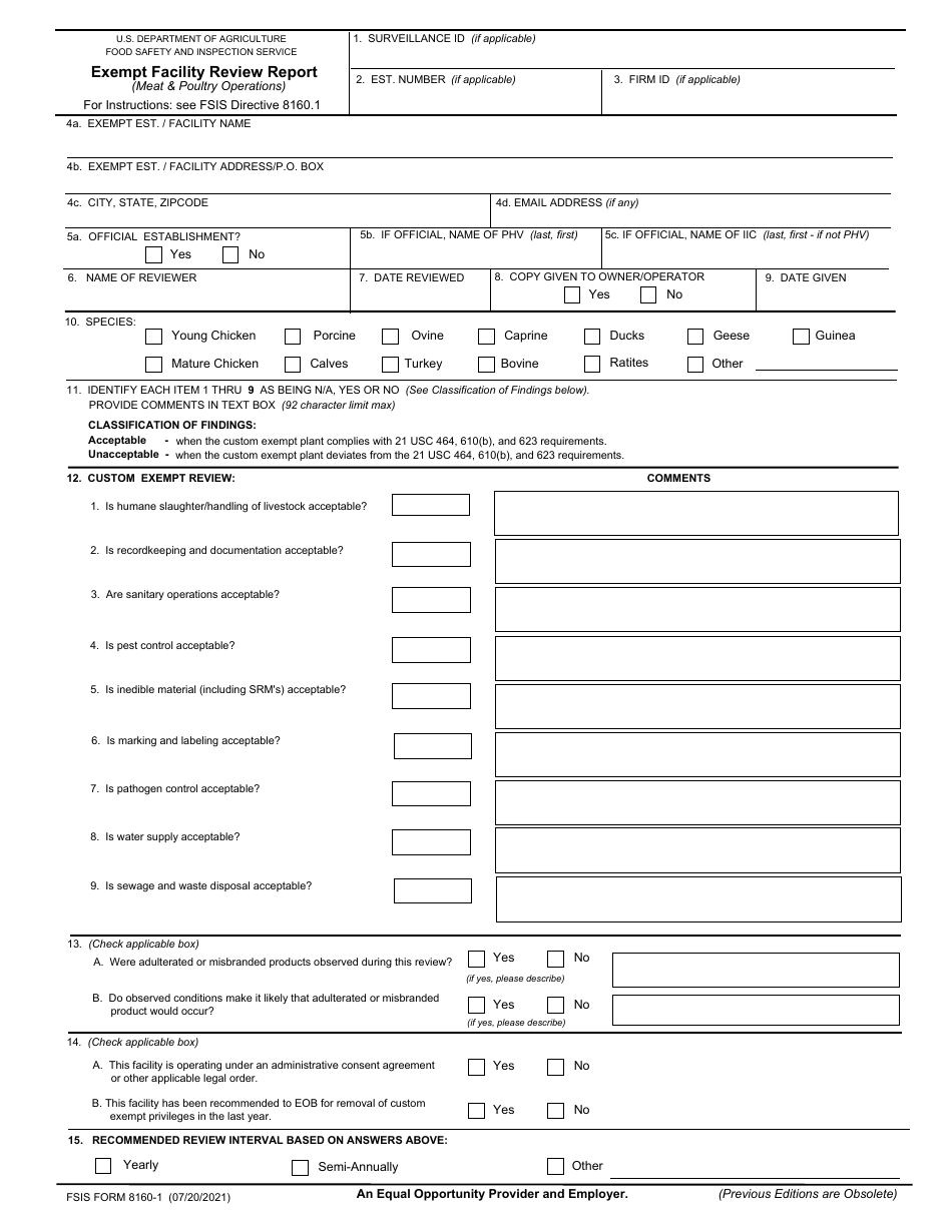 FSIS Form 8160-1 Exempt Facility Review Report (Meat  Poultry Operations), Page 1