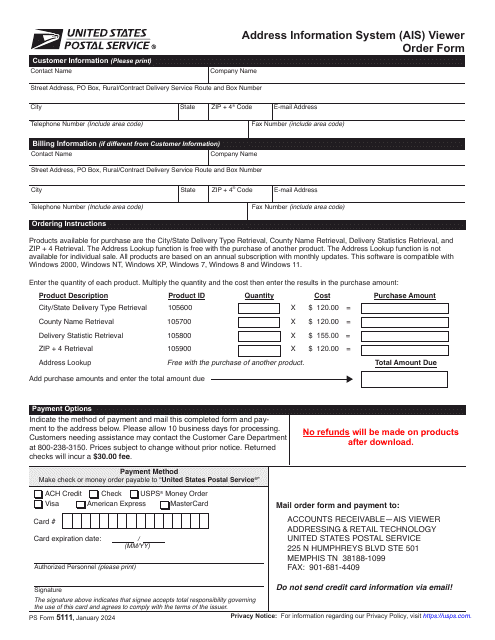 PS Form 5111 Address Information System (Ais) Viewer Order Form