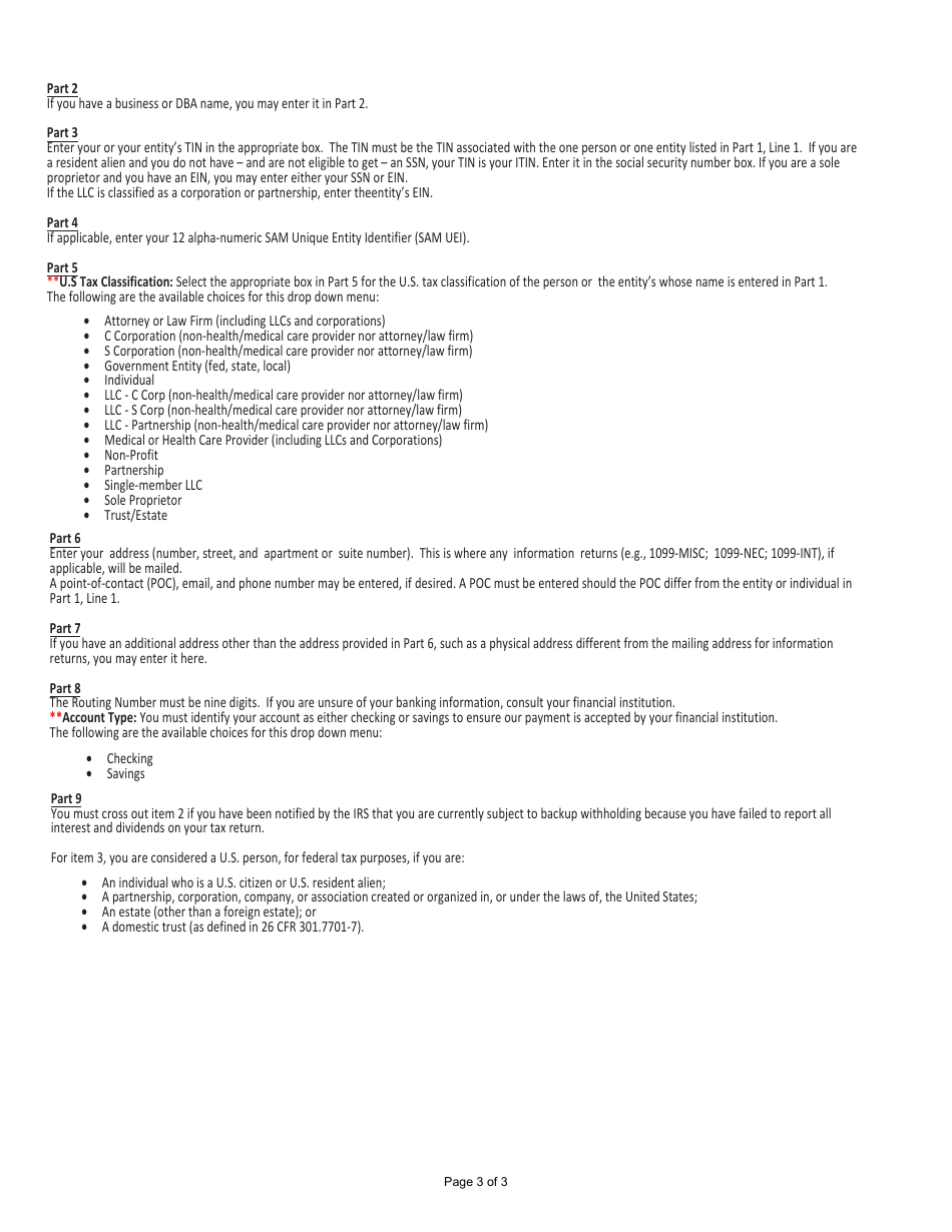Form AO213 Request for Vendor Information and Tin Certification, Page 3