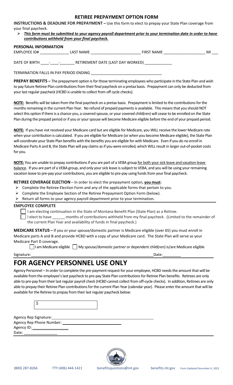 Retiree Election Form - Montana, Page 3