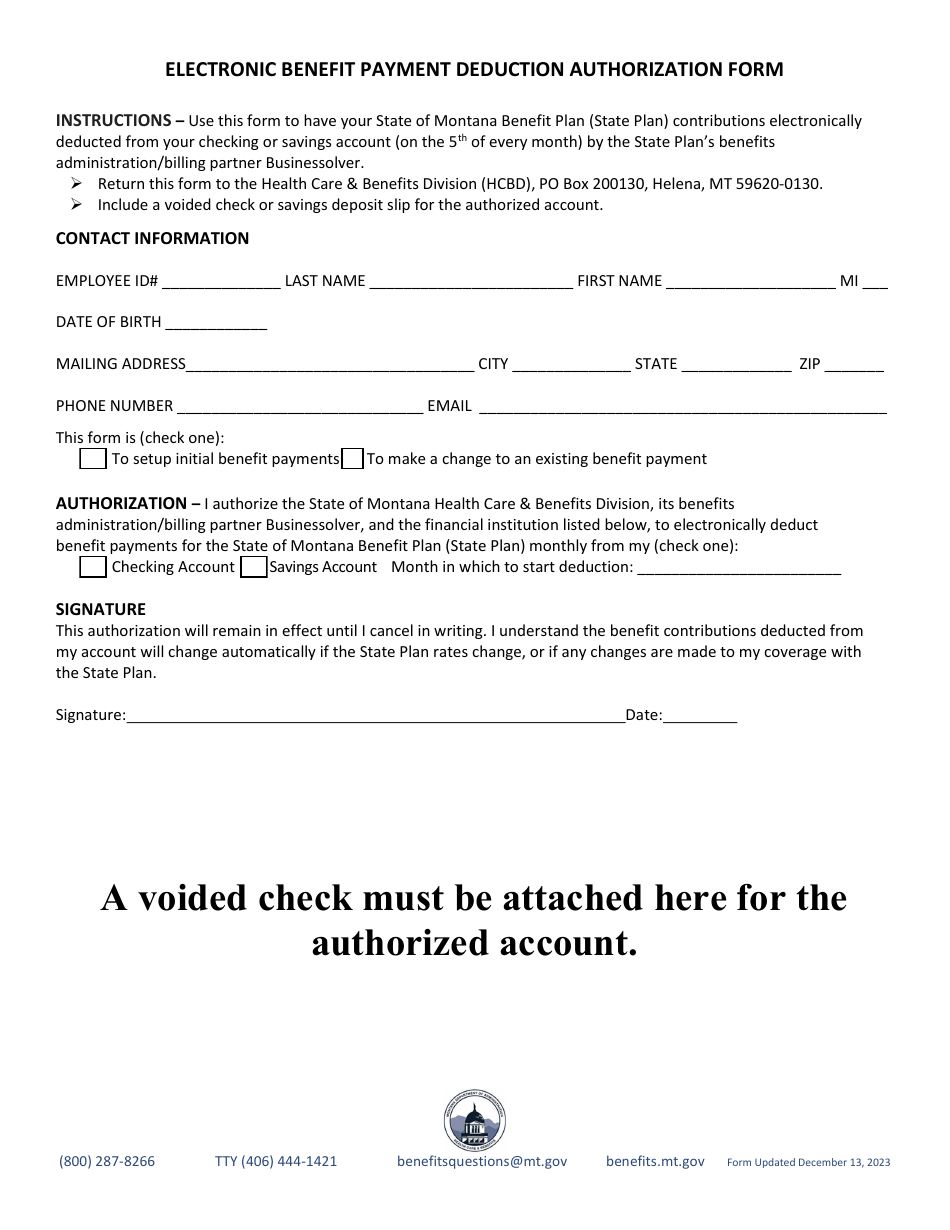 Electronic Benefit Payment Deduction Authorization Form - Montana, Page 1