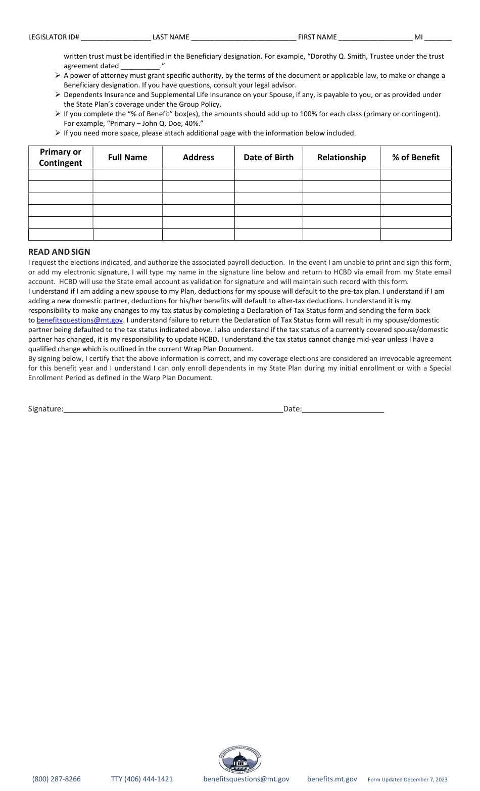 New Legislator Enrollment Form - Montana, Page 3