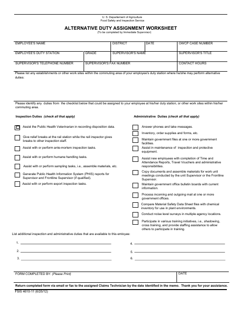FSIS Form 4610-11 Alternative Duty Assignment Worksheet