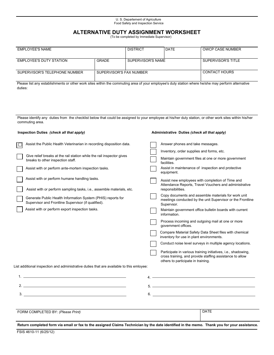 FSIS Form 4610-11 Alternative Duty Assignment Worksheet, Page 1