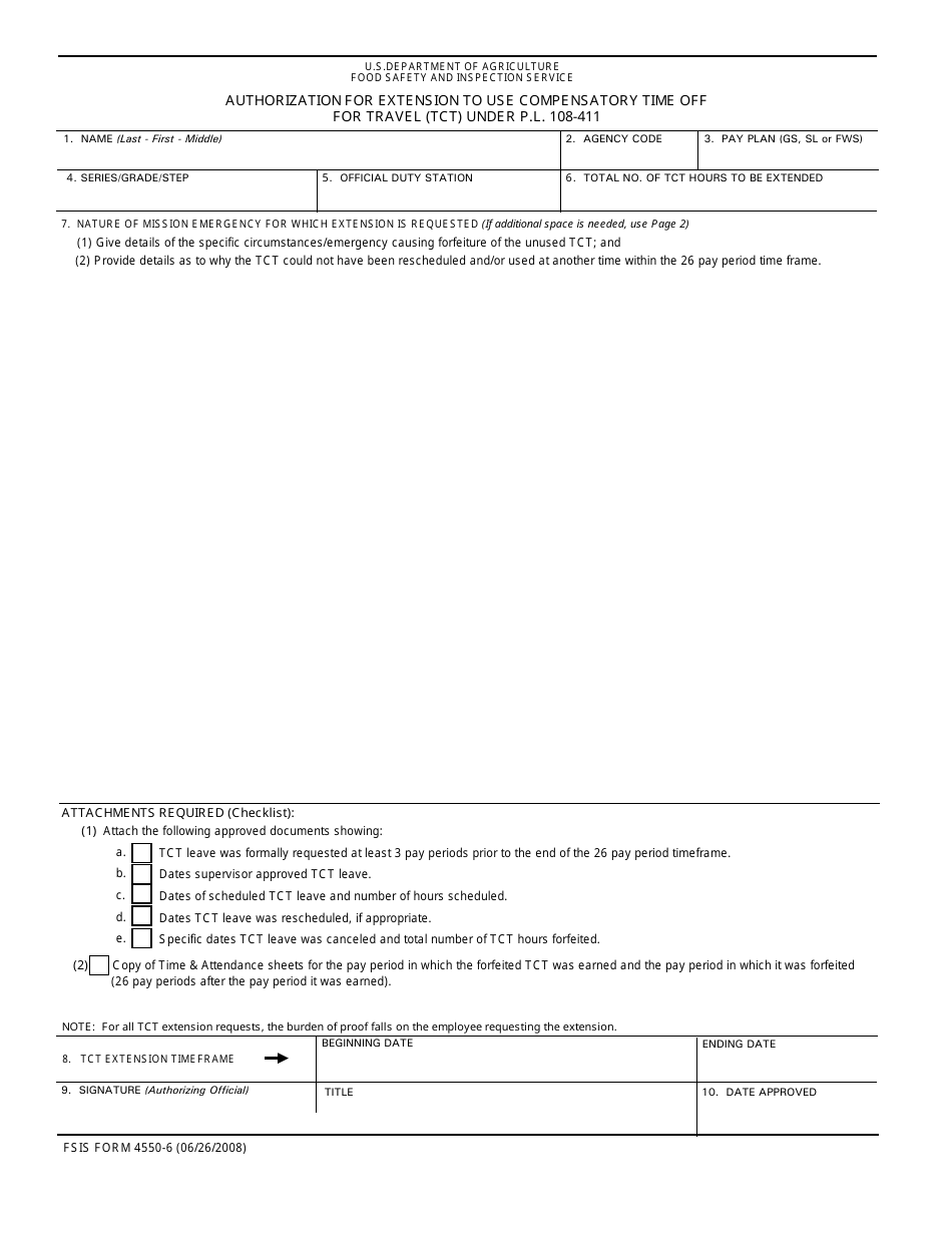 FSIS Form 4550-6 Authorization for Extension to Use Compensatory Time off for Travel (Tct) Under P.l. 108-411, Page 1