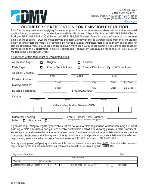 Form EC-018 Odometer Certification for Emission Exemption - Nevada