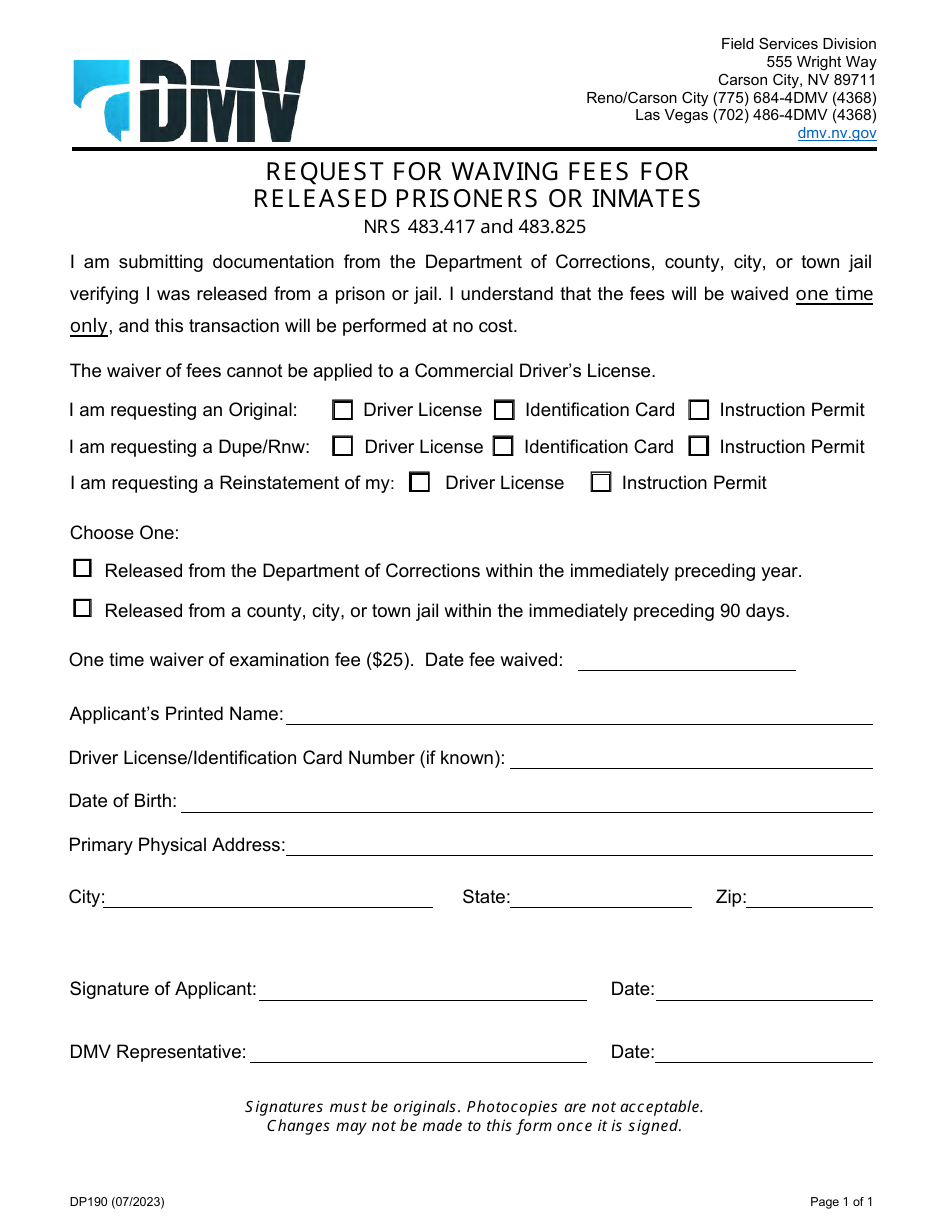 Form DP190 Request for Waiving Fees for Released Prisoners or Inmates - Nevada, Page 1