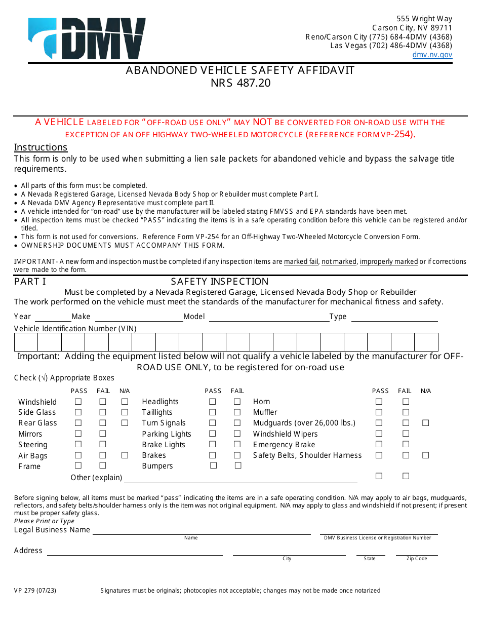 Form VP279 Abandoned Vehicle Safety Affidavit - Nevada, Page 1