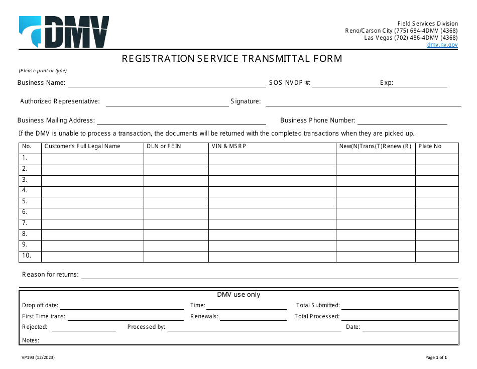 Form VP193 Registration Service Transmittal Form - Nevada, Page 1