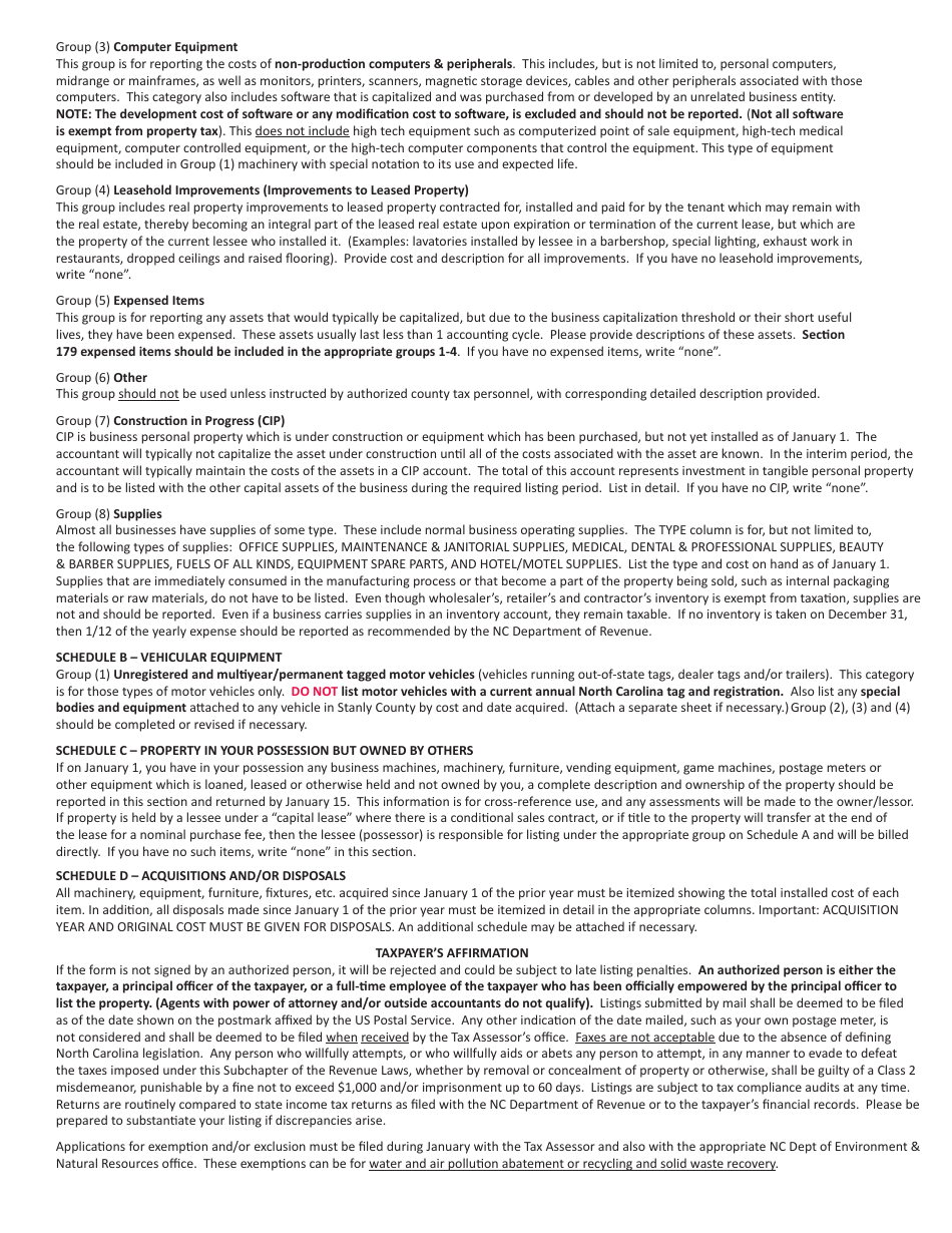 Business Personal Property Listing - Stanly County, North Carolina, Page 8