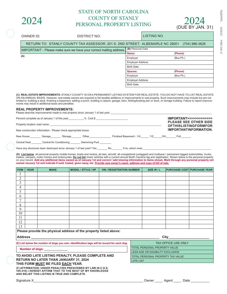 Personal Property Listing - Stanly County, North Carolina, Page 1