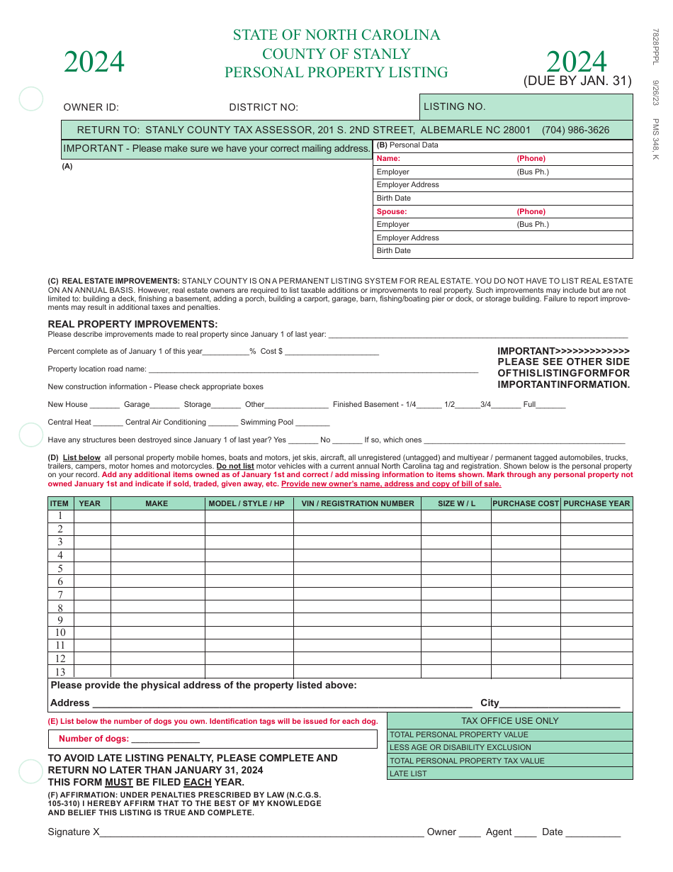2024 Stanly County, North Carolina Personal Property Listing Fill Out
