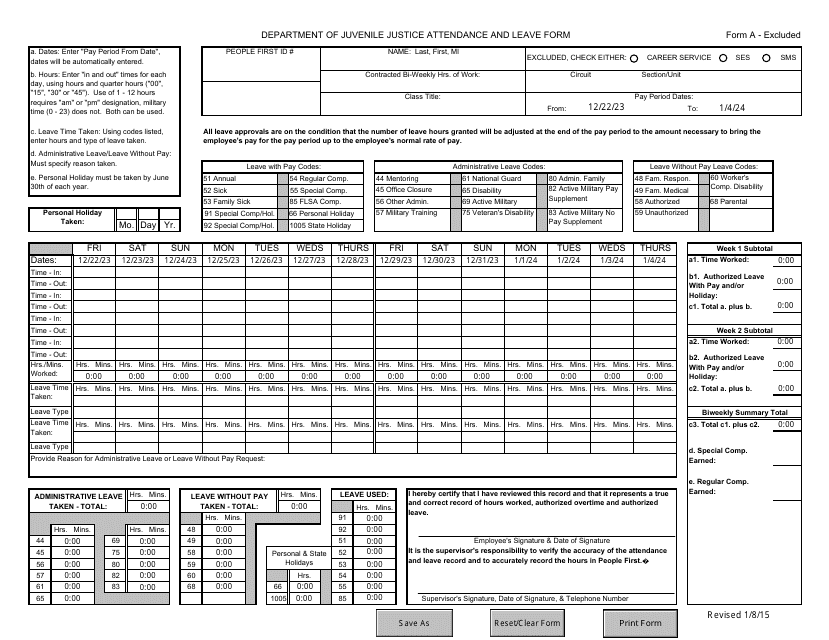 Form A - EXCLUDED 2024 Printable Pdf