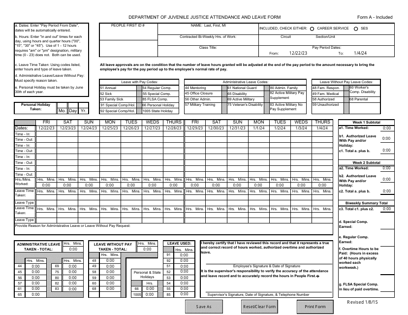 Form A - INCLUDED 2024 Printable Pdf