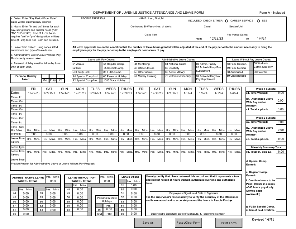 Form A - INCLUDED Attendance and Leave Form - Florida, Page 1