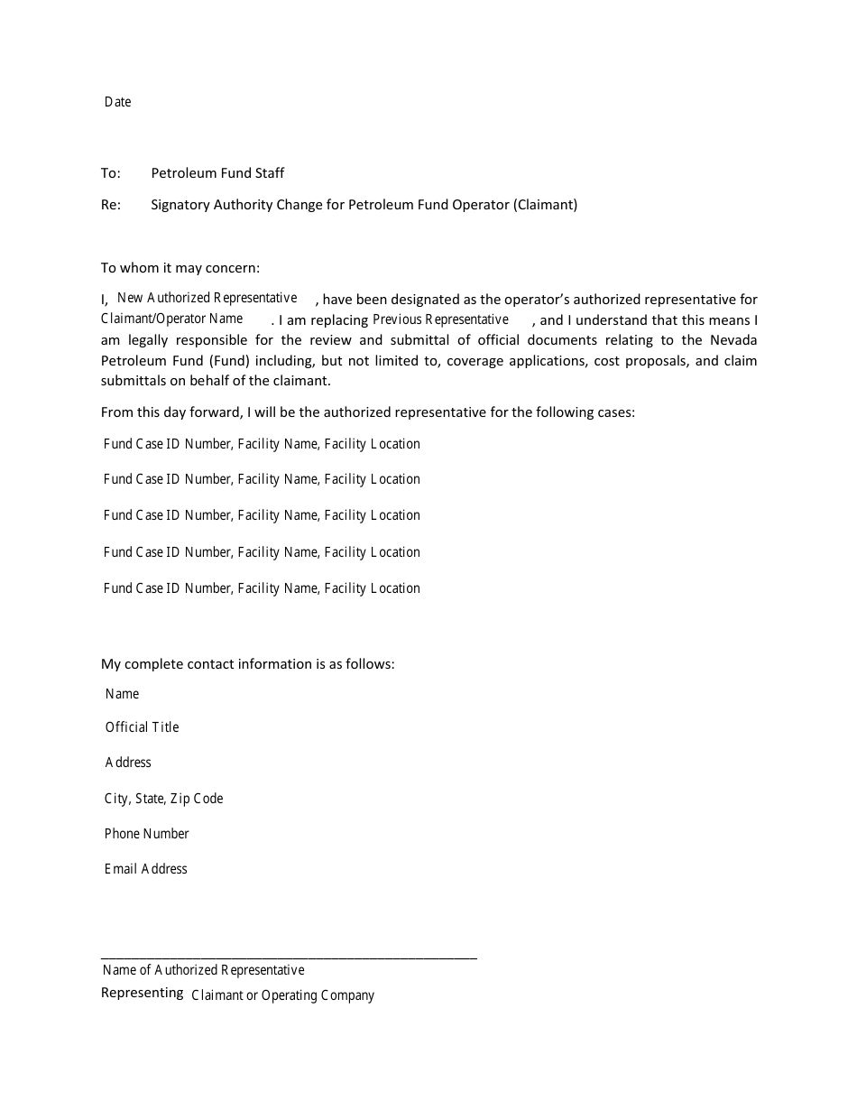 Signatory Authority Change for Petroleum Fund Operator (Claimant) - Nevada, Page 1