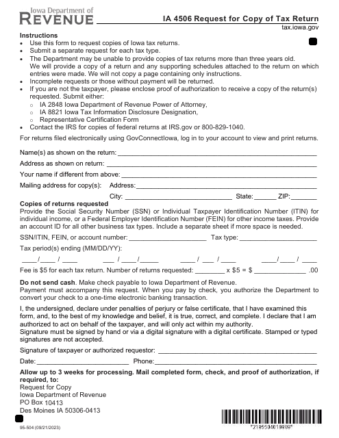 Form IA4506 (95-504) Request for Copy of Tax Return - Iowa