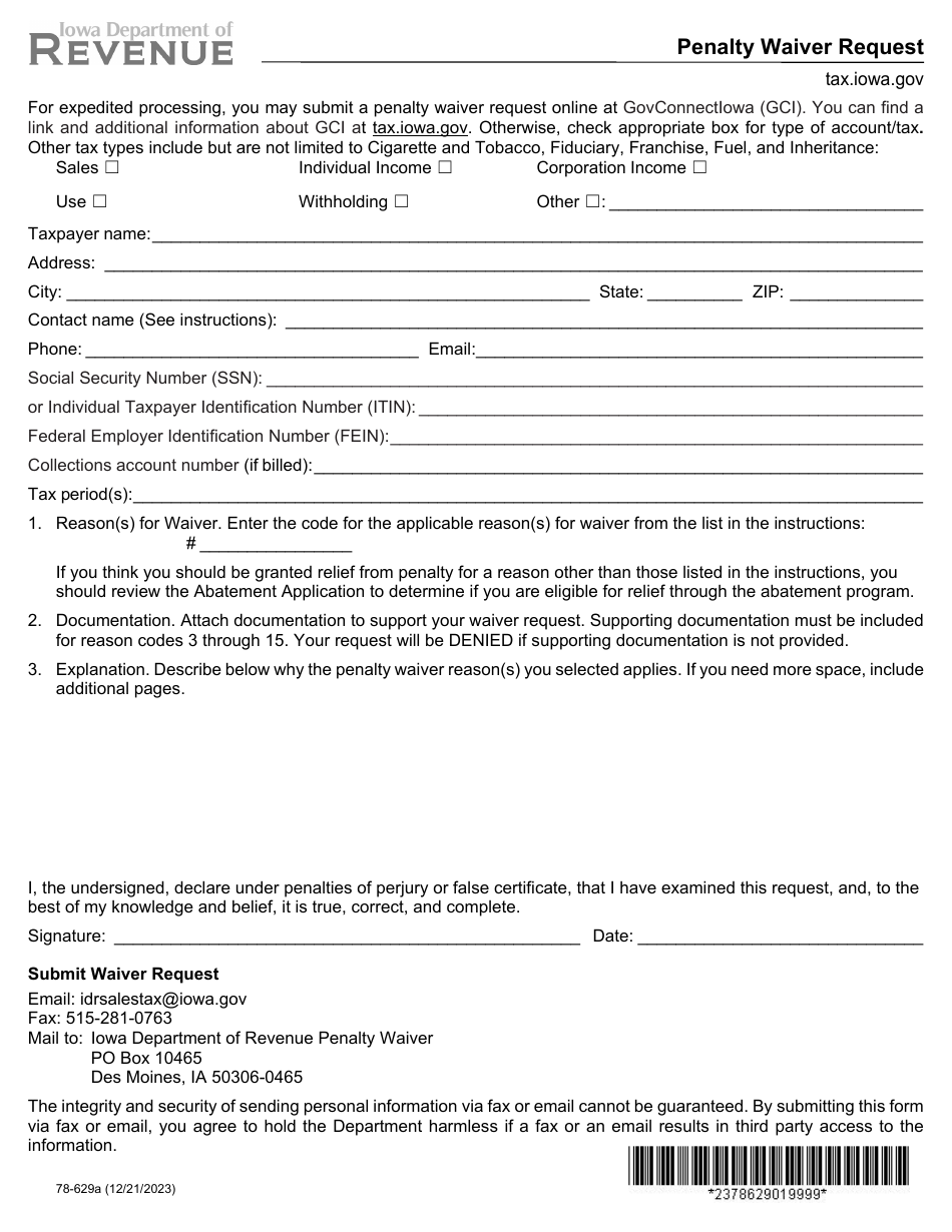 Form 78-629 Penalty Waiver Request - Iowa, Page 1
