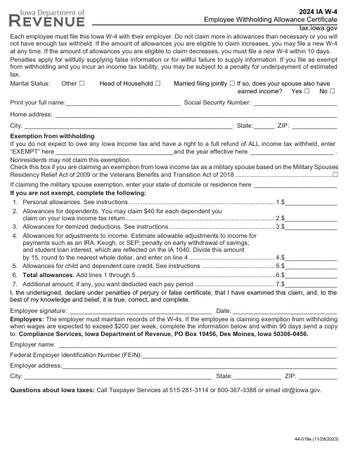 Form IA W-4 (44-019) Employee Withholding Allowance Certificate - Iowa, 2024