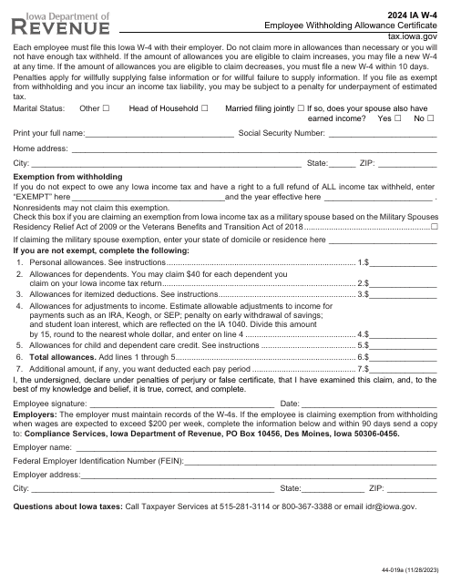 Form IA W-4 (44-019) 2024 Printable Pdf