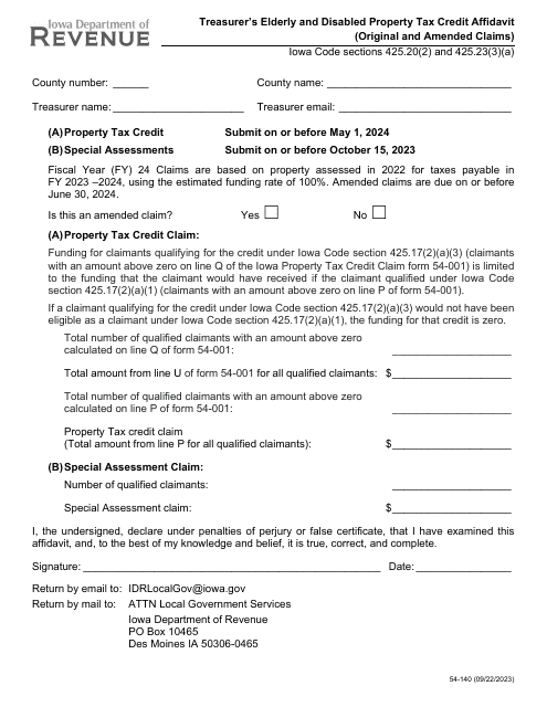 Form 54-140 Treasurer's Elderly and Disabled Property Tax Credit Affidavit (Original and Amended Claims) - Iowa