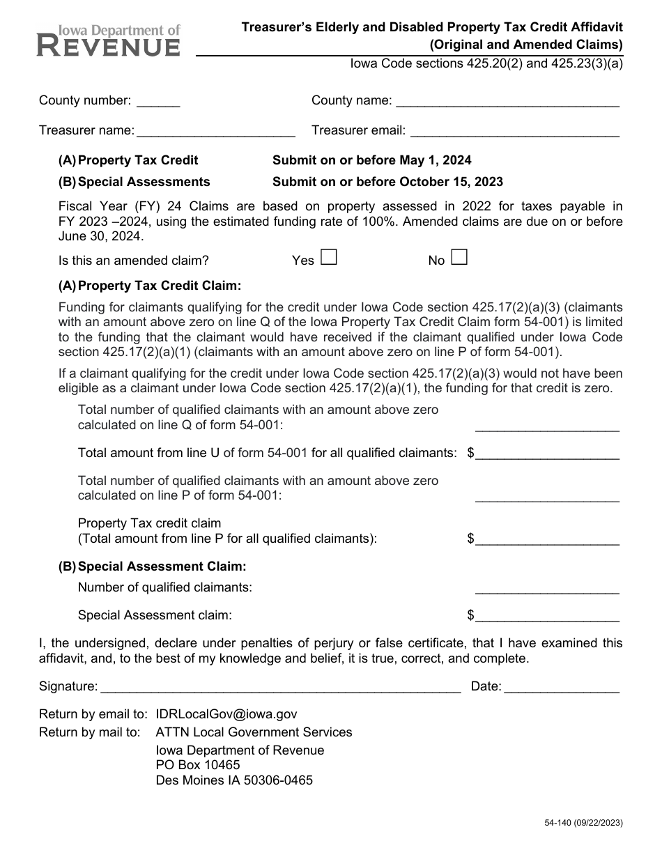 Form 54-140 Treasurers Elderly and Disabled Property Tax Credit Affidavit (Original and Amended Claims) - Iowa, Page 1