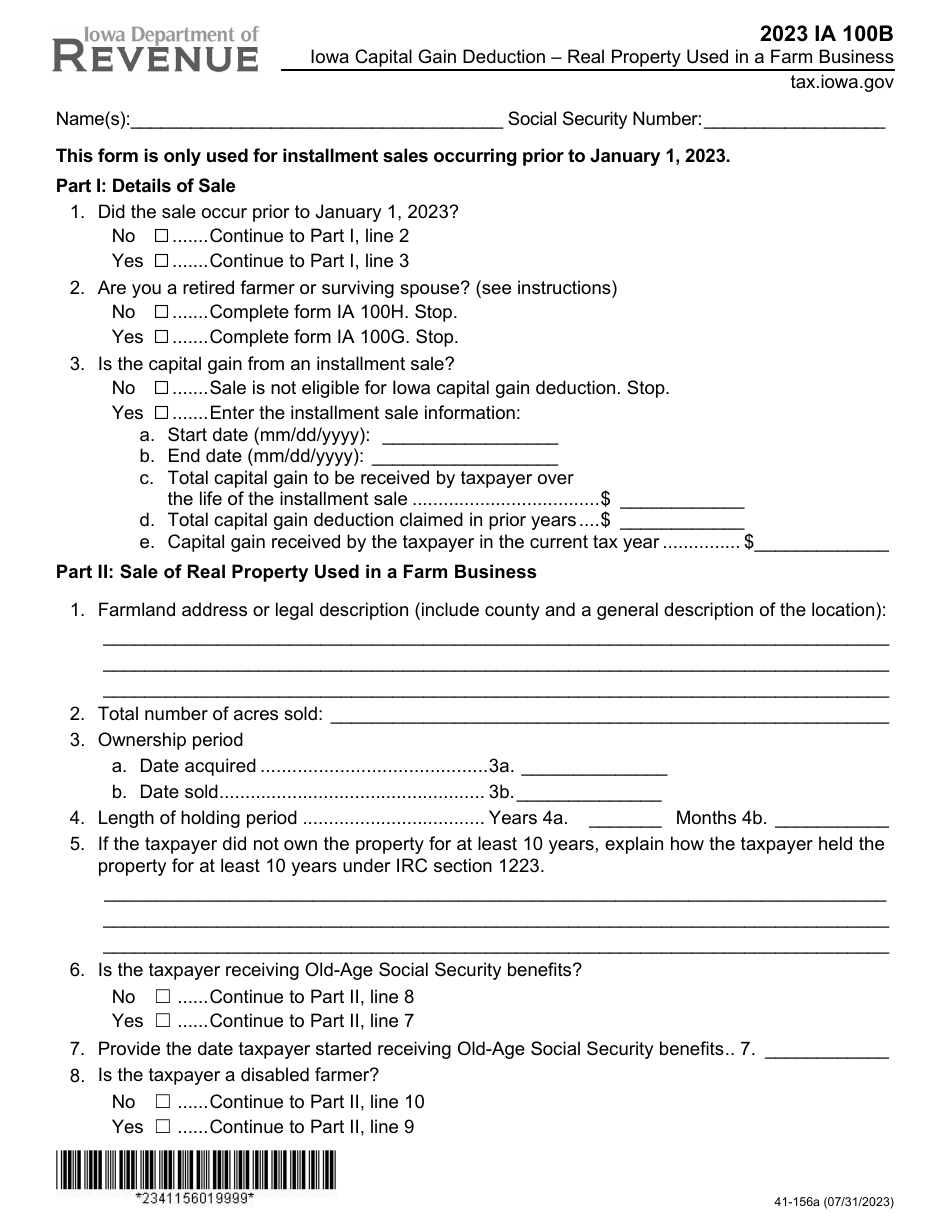 Form IA100B (41-156) Iowa Capital Gain Deduction - Real Property Used in a Farm Business - Iowa, Page 1